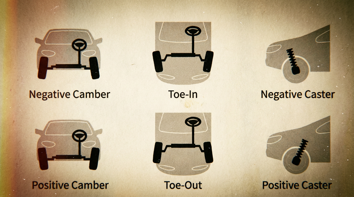 Diagram showing camber, caster, and toe angles in wheel alignment